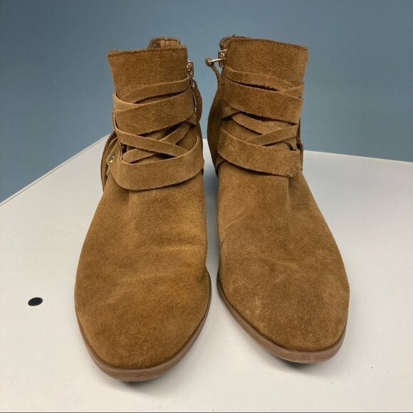 FRANCO SARTO Sz 10 Suede Straps Fringe Stacked Heel Western Style Zip Up Booties - Picture 2 of 11